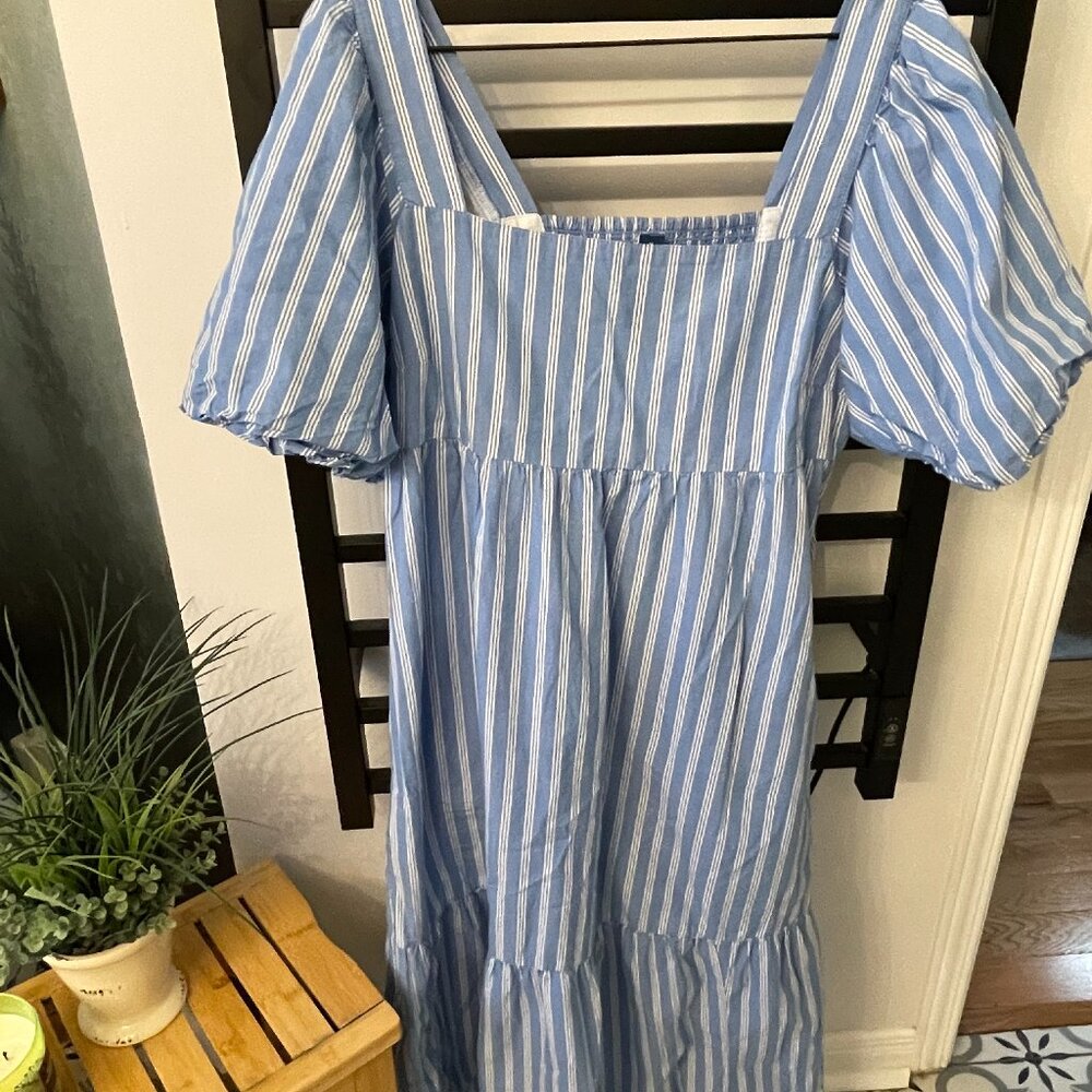 Blue Stripe Square-Neck Midi Dress